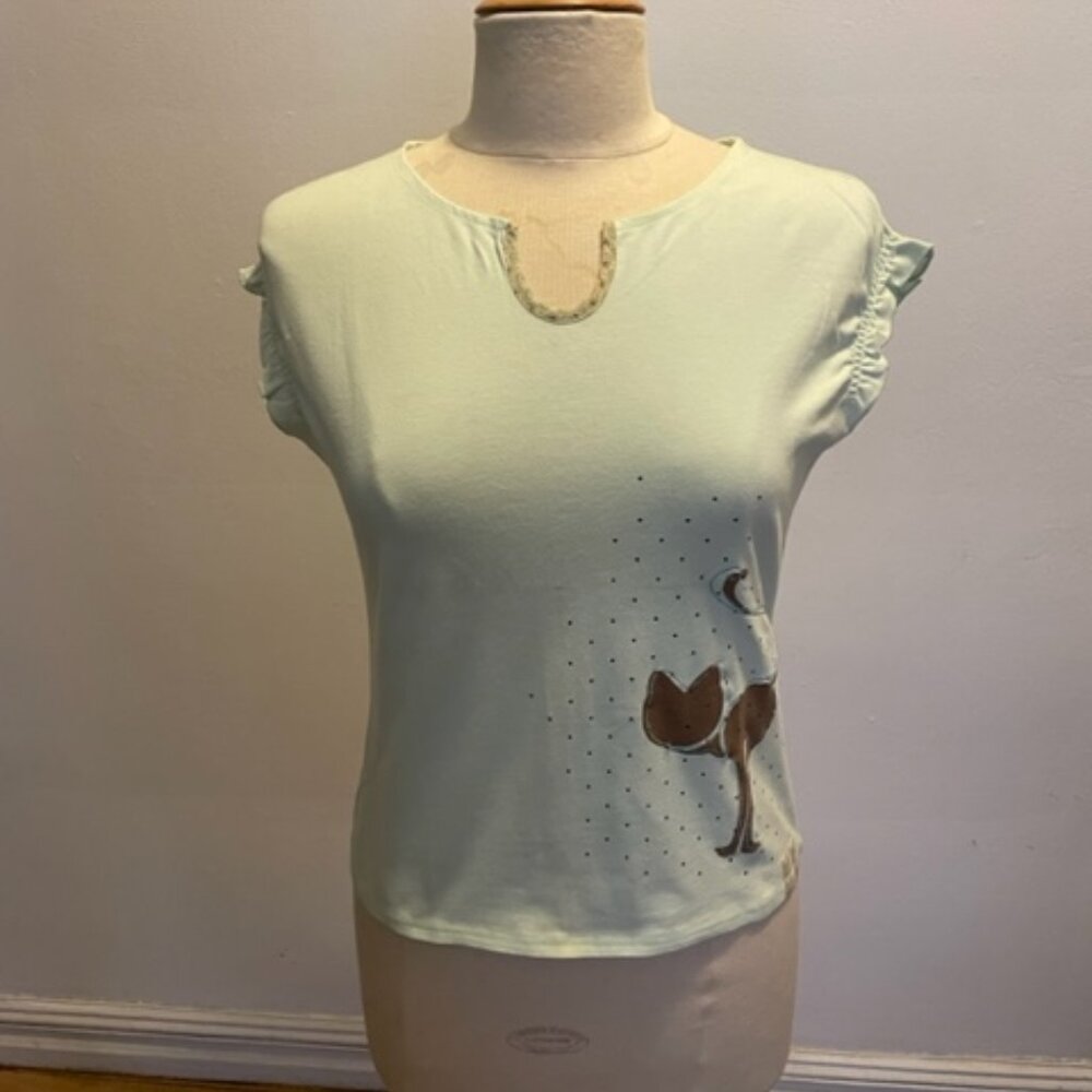 Colour Eighteen cap sleeve ballet neck tee in aqua jersey with placed print NWOT